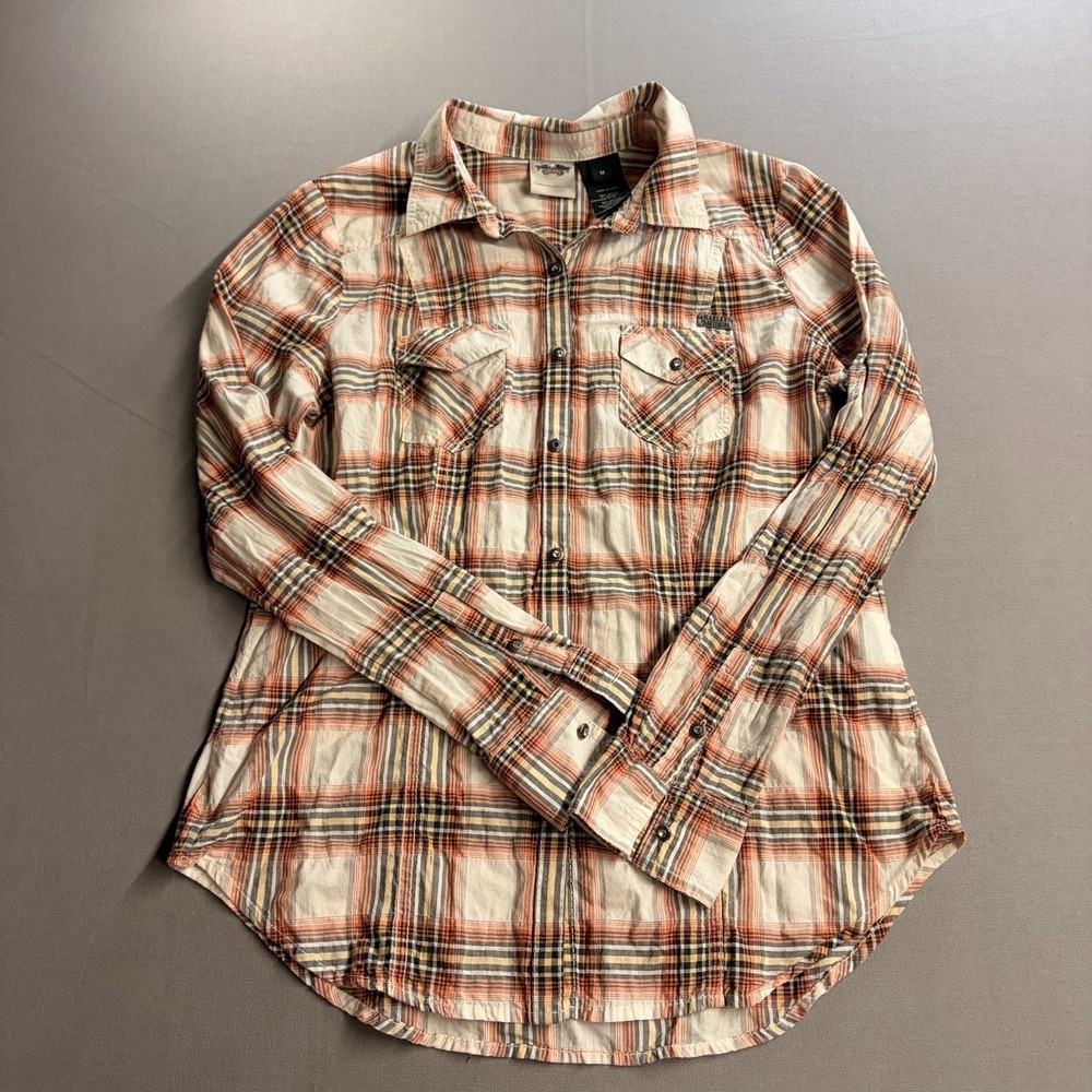 Harley Davidson Womens M Orange Plaid Pearl Snap Biker Shirt 96294-16VW